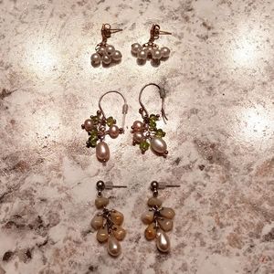 THREE Pairs Faux Pearl Drop Earrings Lot w/ Orange Calcite